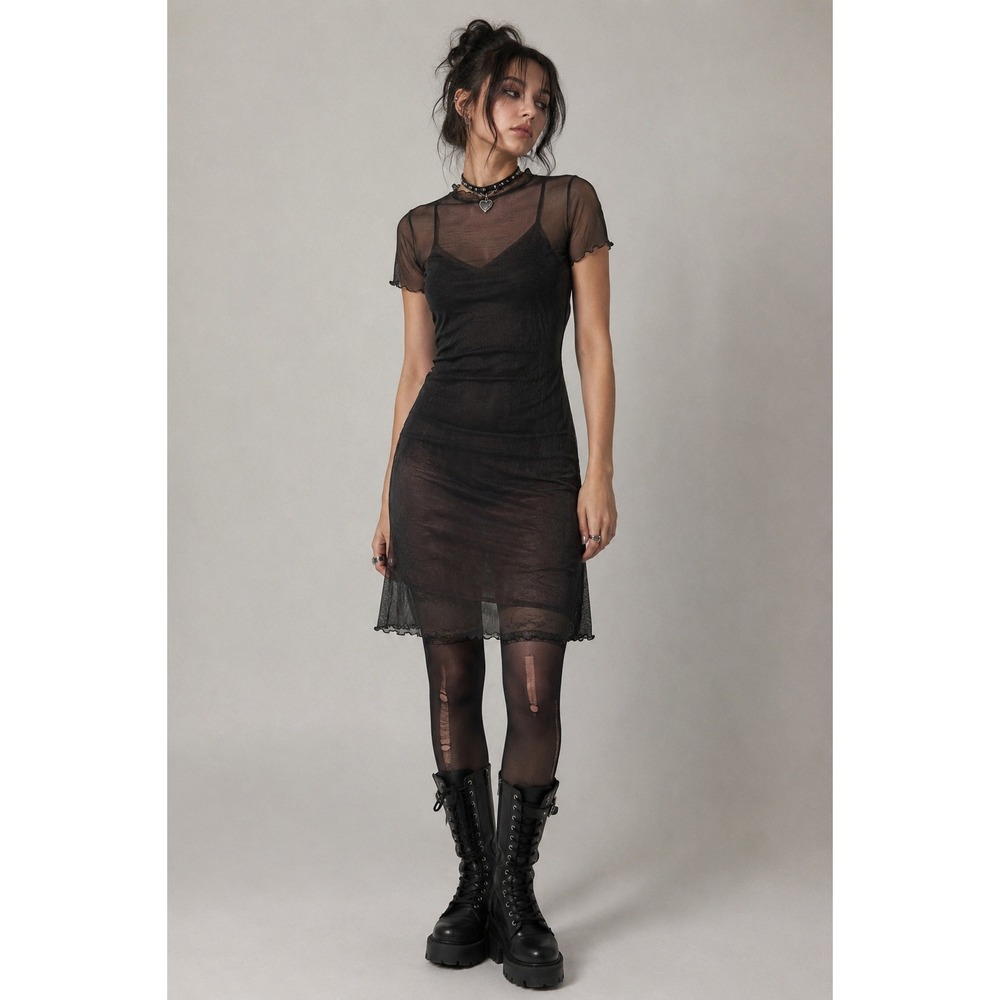 Love Fire Black Mesh Layering Dress M Fairy Grunge Goth Indie Sleaze Y2K